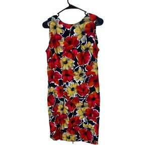 Vintage K.C. Spencer Floral Print Dress Sleeveless Black Red Yellow‎ Size 10